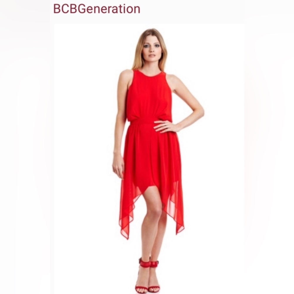 Red high Neck Halter, Sleeveless & Asymmetrical Dress
